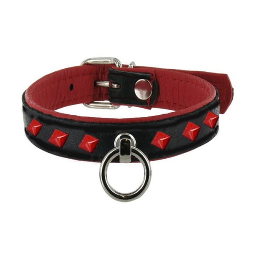 Black Label - Leather Studded O-Ring Collar Red (Skórzana obroża z ćwiekami)